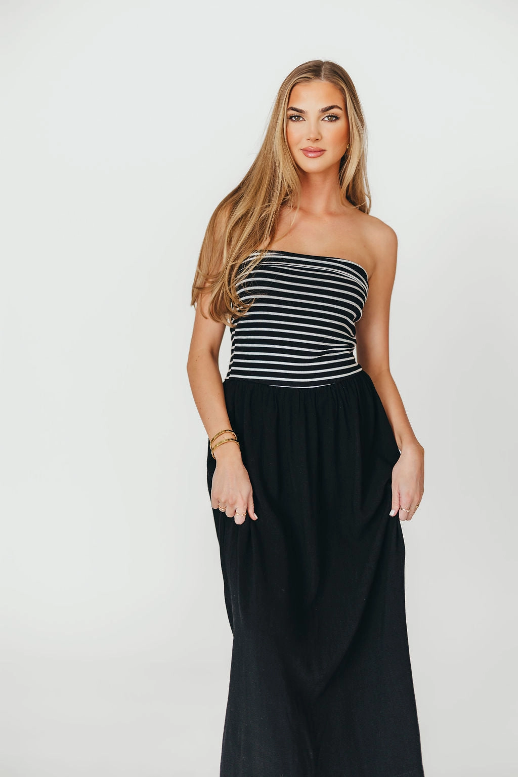 Annie Linen & Knit Maxi Dress in Black Stripe