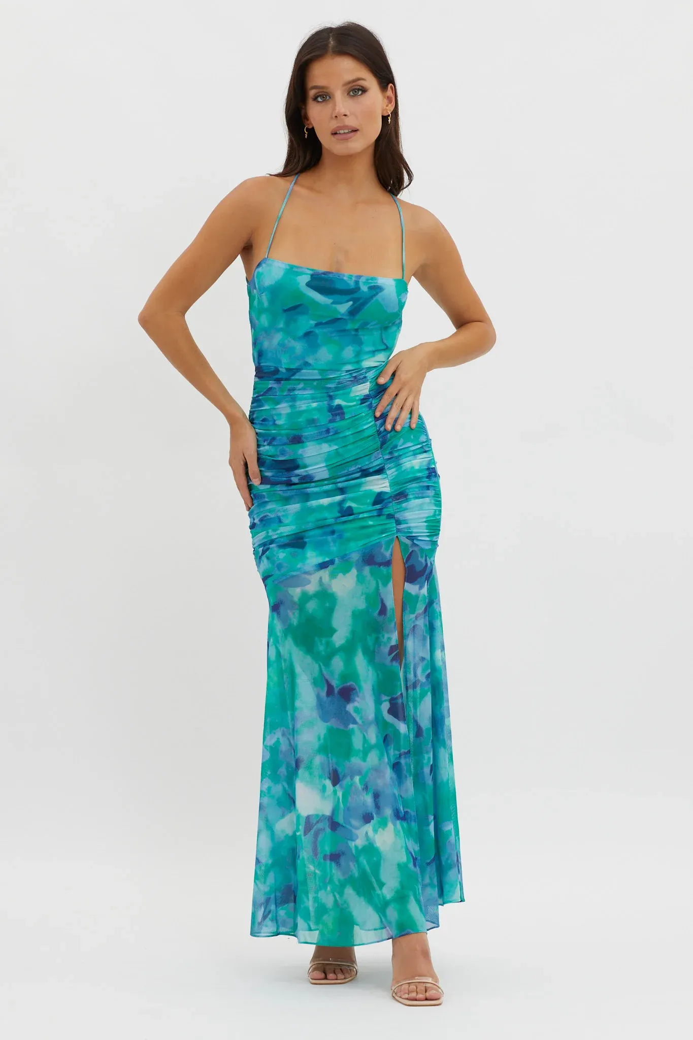 Apryl Ruched Lace-Up Back Dress Green