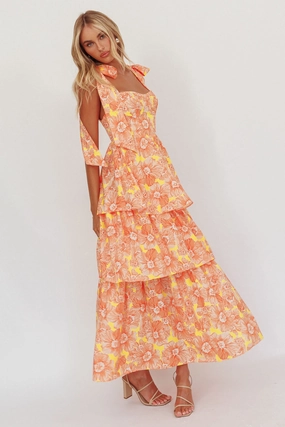 Arlowe Tied Shoulder Tiered Midi Dress Floral Orange