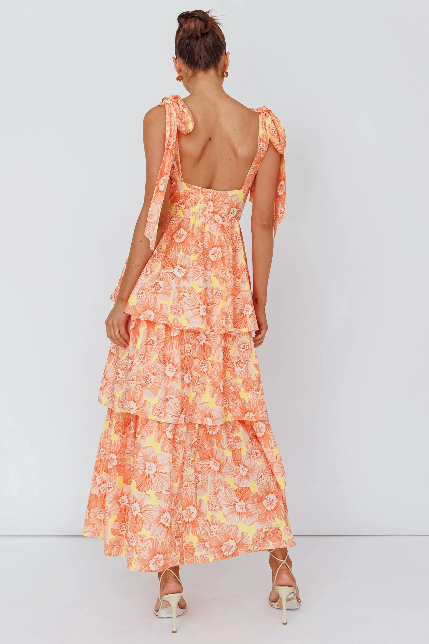 Arlowe Tied Shoulder Tiered Midi Dress Floral Orange