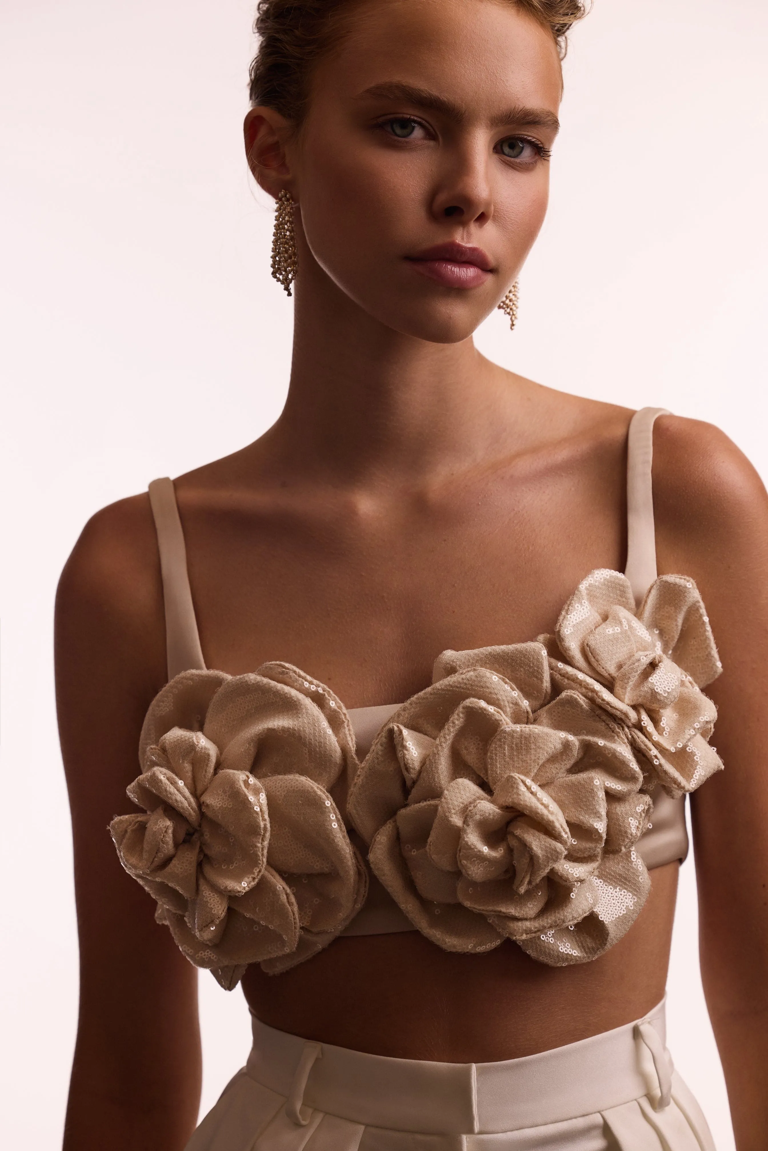 Artful sequined floral applique top, Midnight Walk