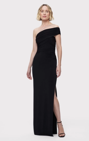 ASYMMETRICAL JERSEY GOWN W/ CRYSTAL TRIM