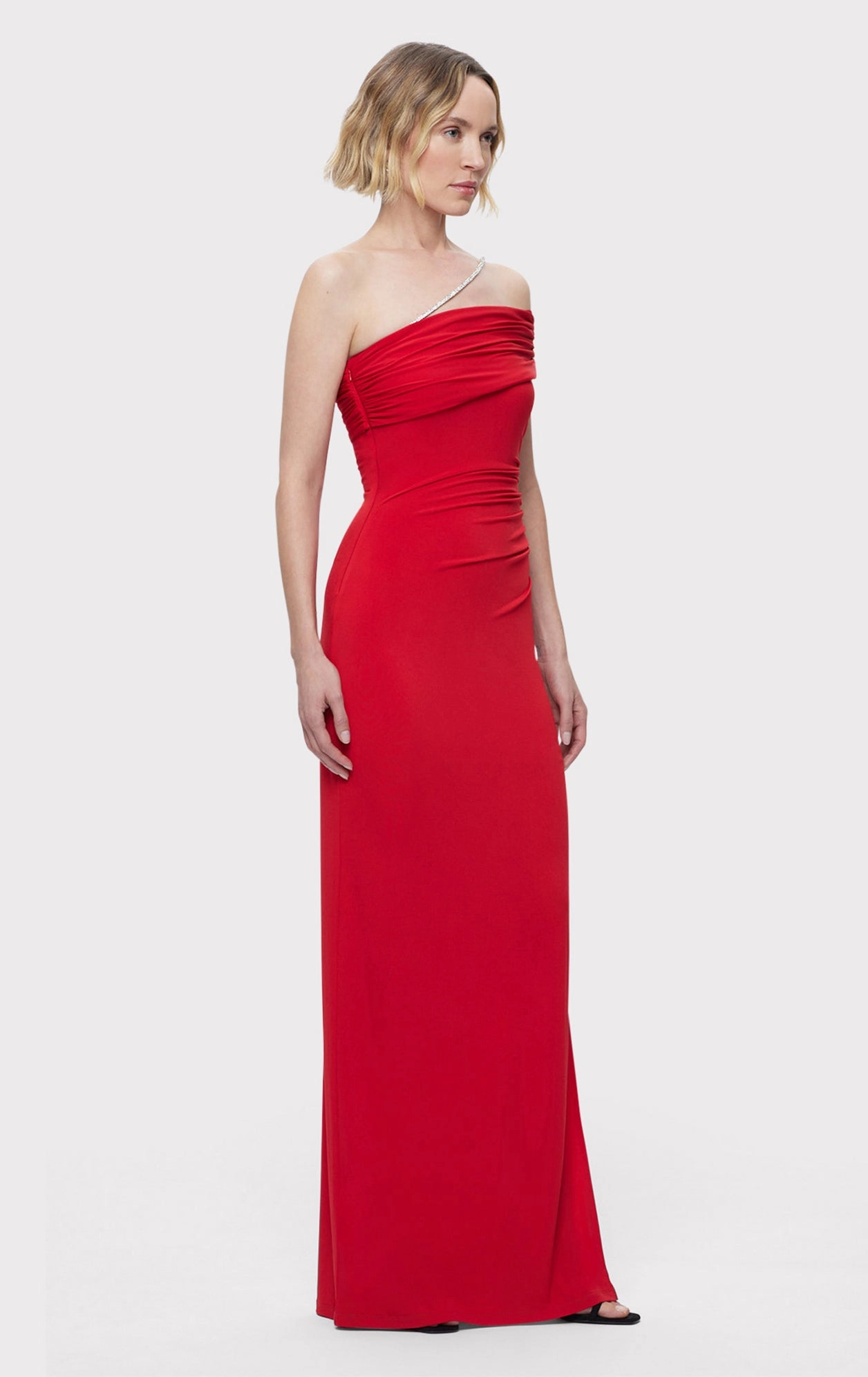 ASYMMETRICAL JERSEY GOWN W/ CRYSTAL TRIM
