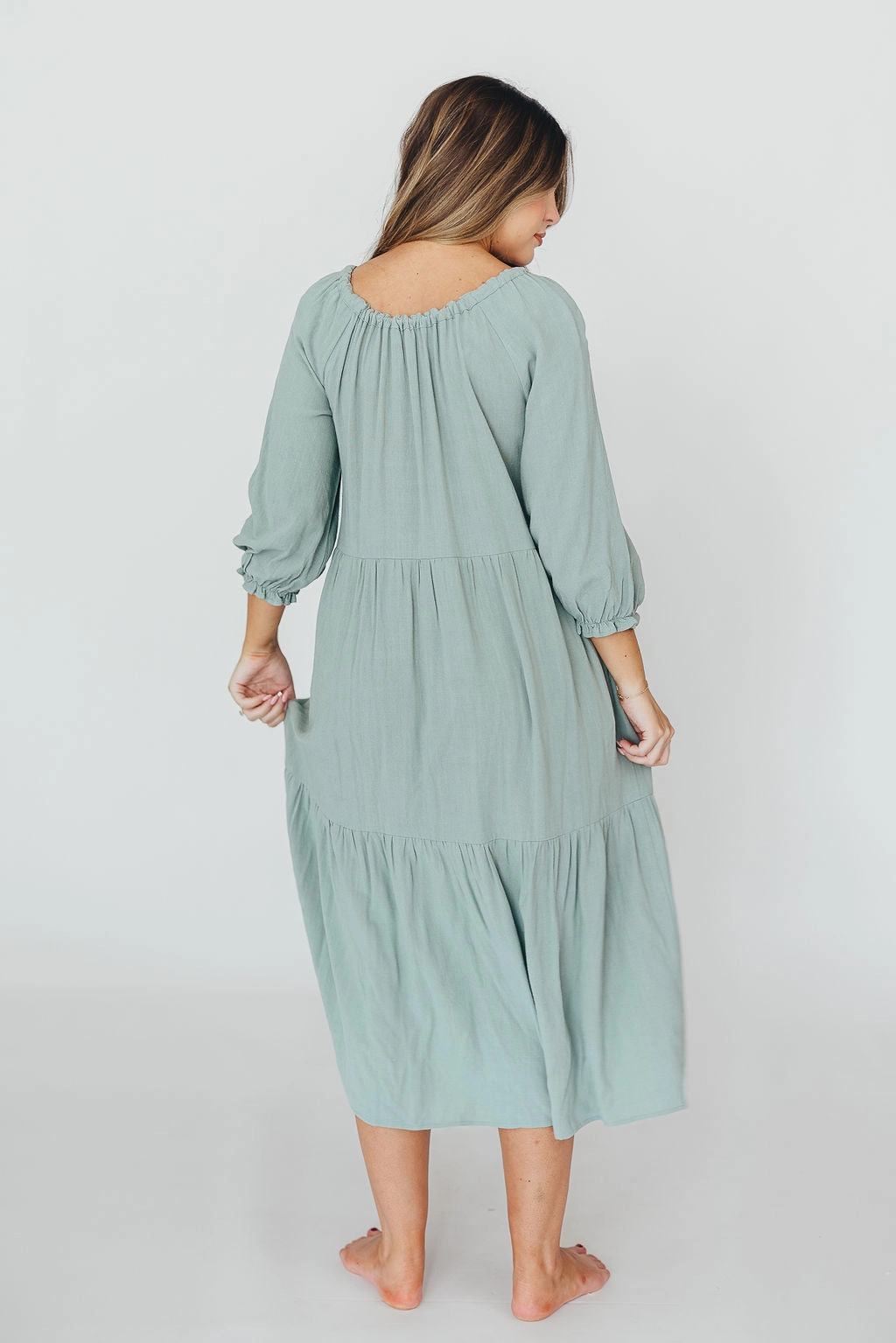 Avery Tiered Linen-Blend Midi Dress in Sage - Bump Friendly and Inclusive Sizing