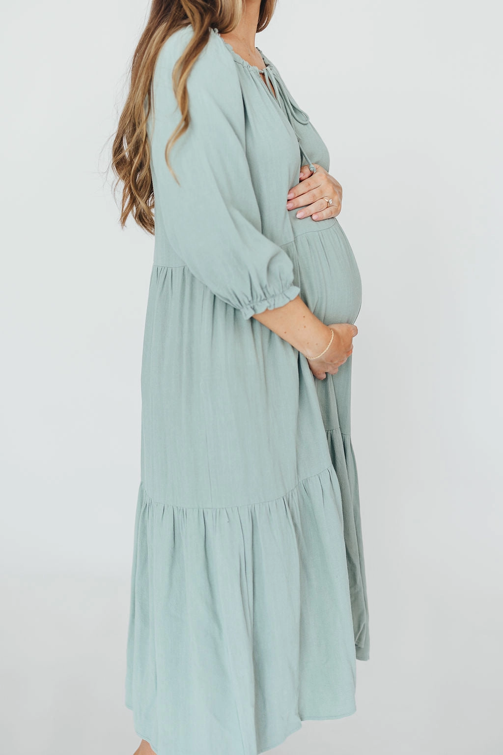 Avery Tiered Linen-Blend Midi Dress in Sage - Bump Friendly and Inclusive Sizing