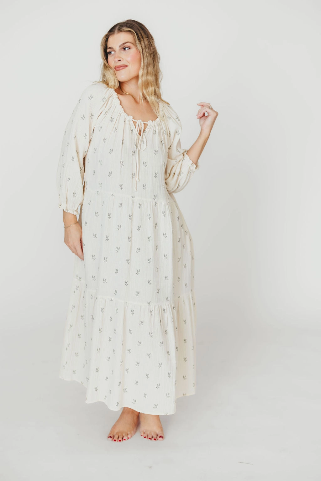 Avery Tiered Linen-Blend Midi Dress in Soy/Sage Foliage - Bump Friendly and Inclusive Sizing