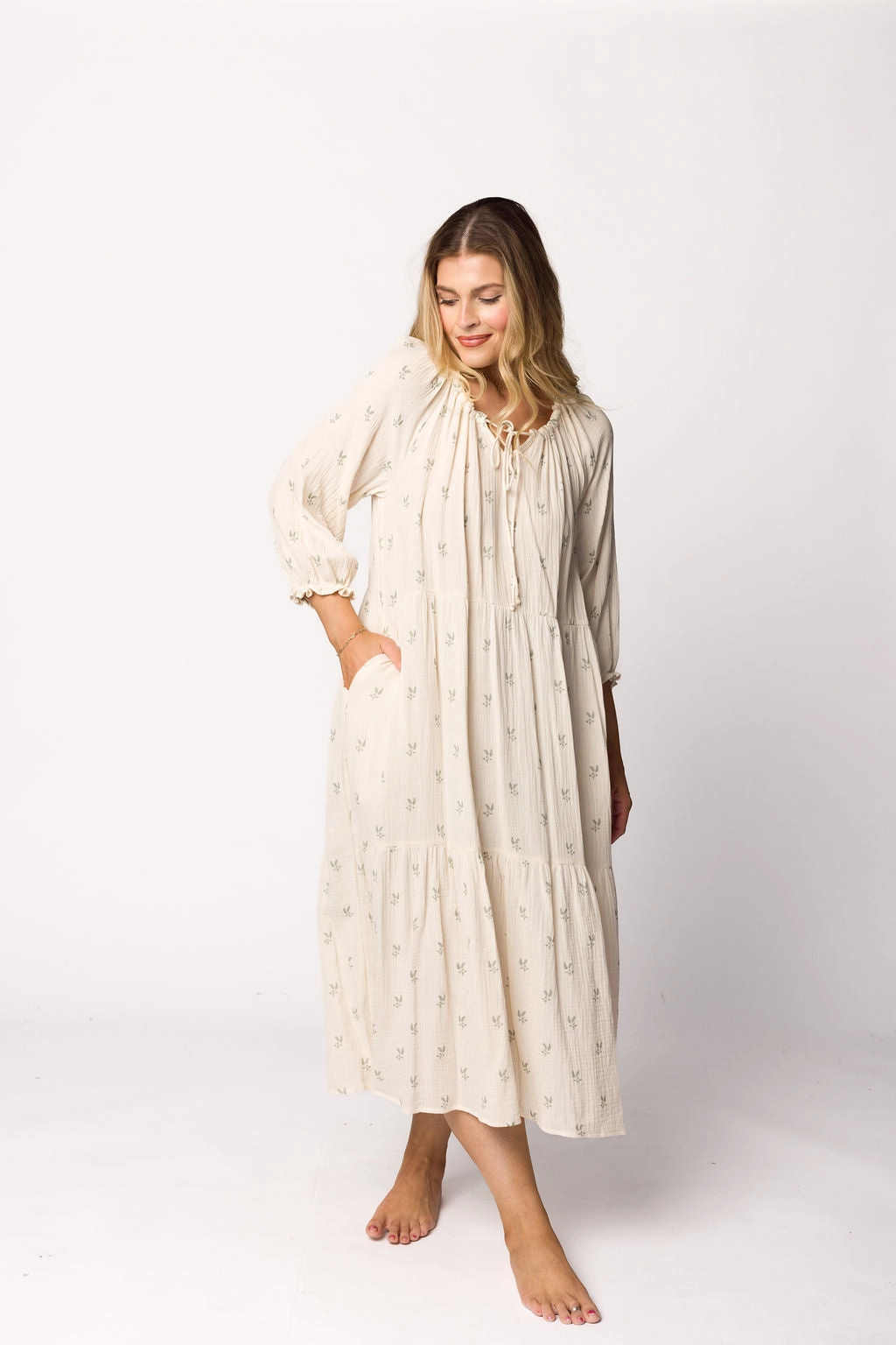 Avery Tiered Linen-Blend Midi Dress in Soy/Sage Foliage - Bump Friendly and Inclusive Sizing