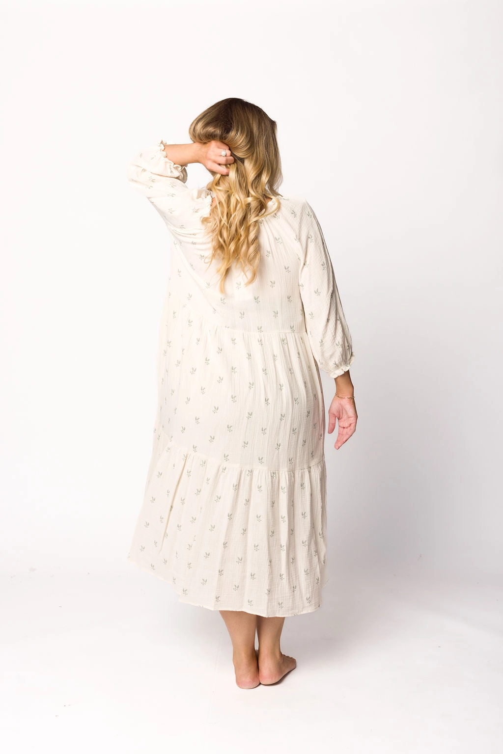 Avery Tiered Linen-Blend Midi Dress in Soy/Sage Foliage - Bump Friendly and Inclusive Sizing