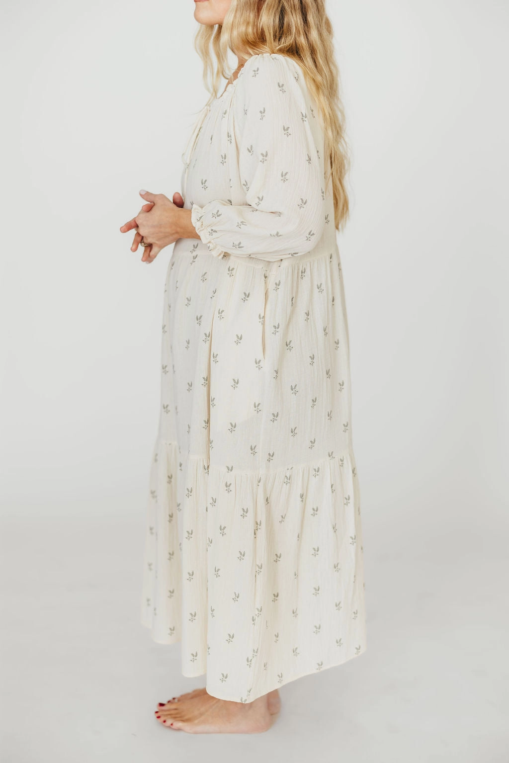 Avery Tiered Linen-Blend Midi Dress in Soy/Sage Foliage - Bump Friendly and Inclusive Sizing
