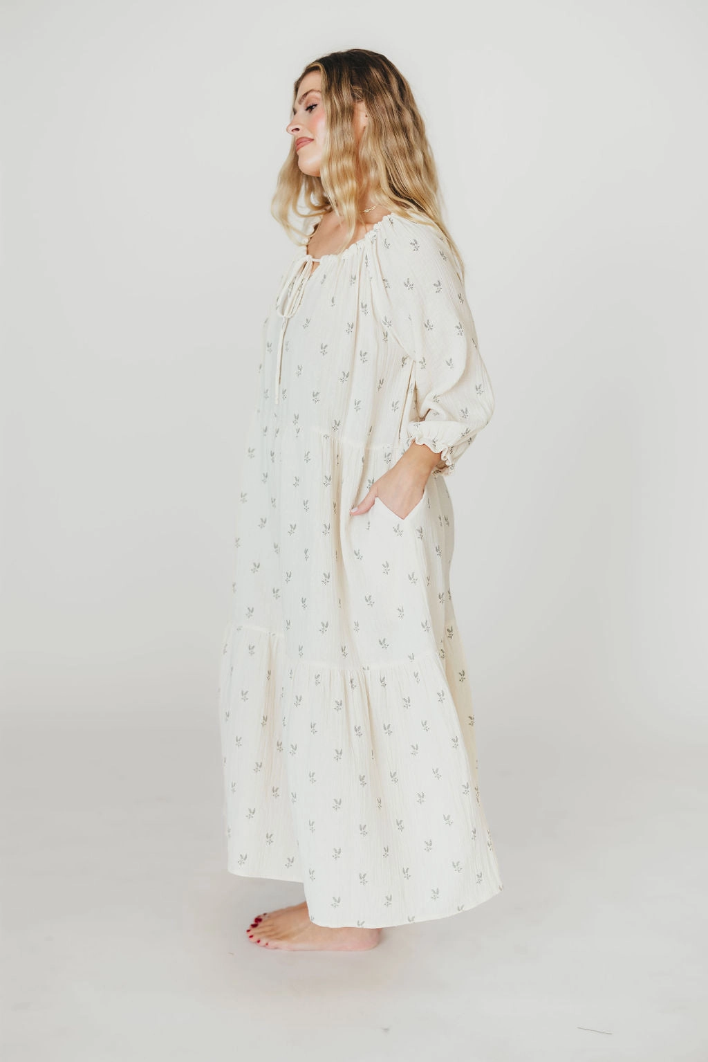 Avery Tiered Linen-Blend Midi Dress in Soy/Sage Foliage - Bump Friendly and Inclusive Sizing