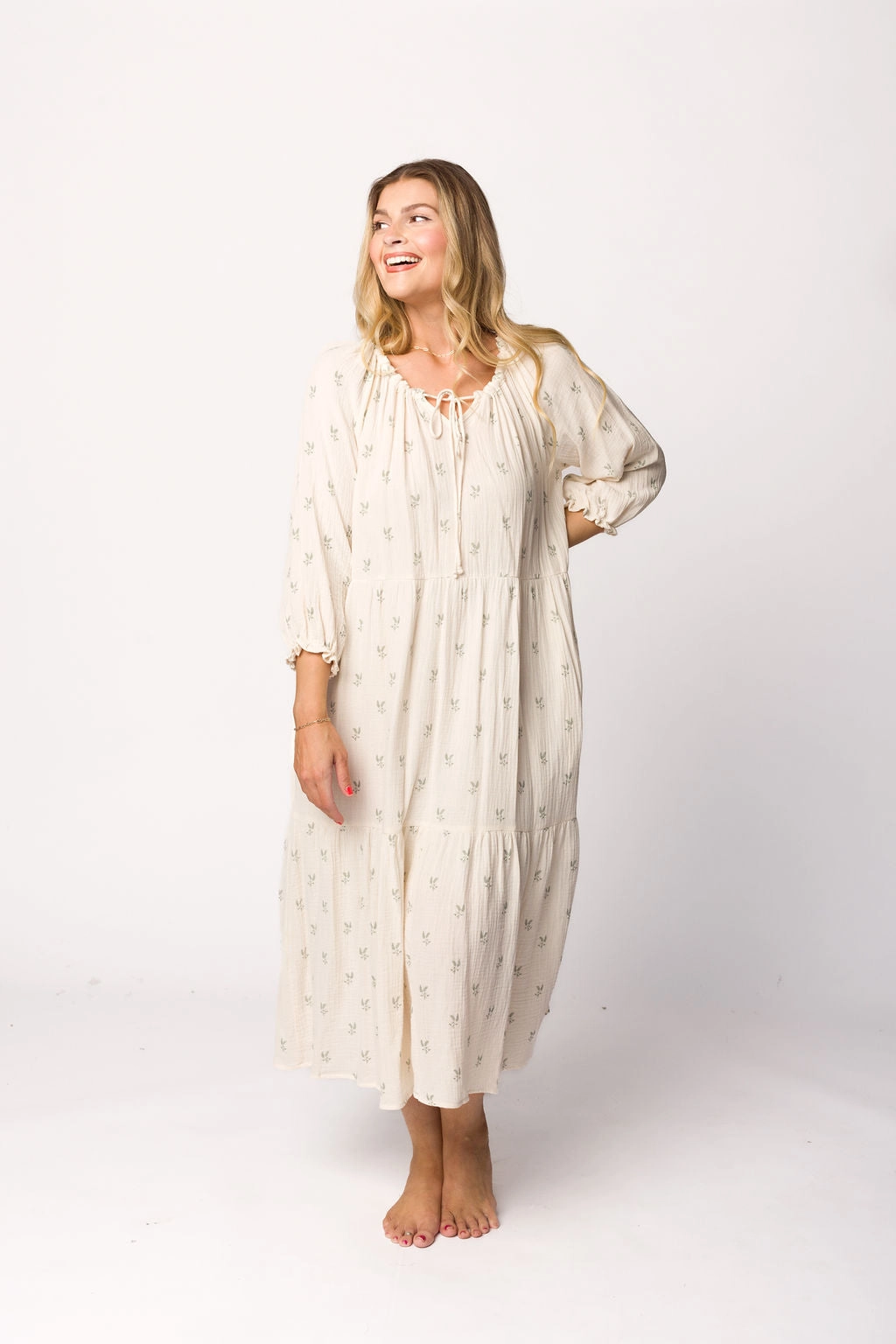 Avery Tiered Linen-Blend Midi Dress in Soy/Sage Foliage - Bump Friendly and Inclusive Sizing