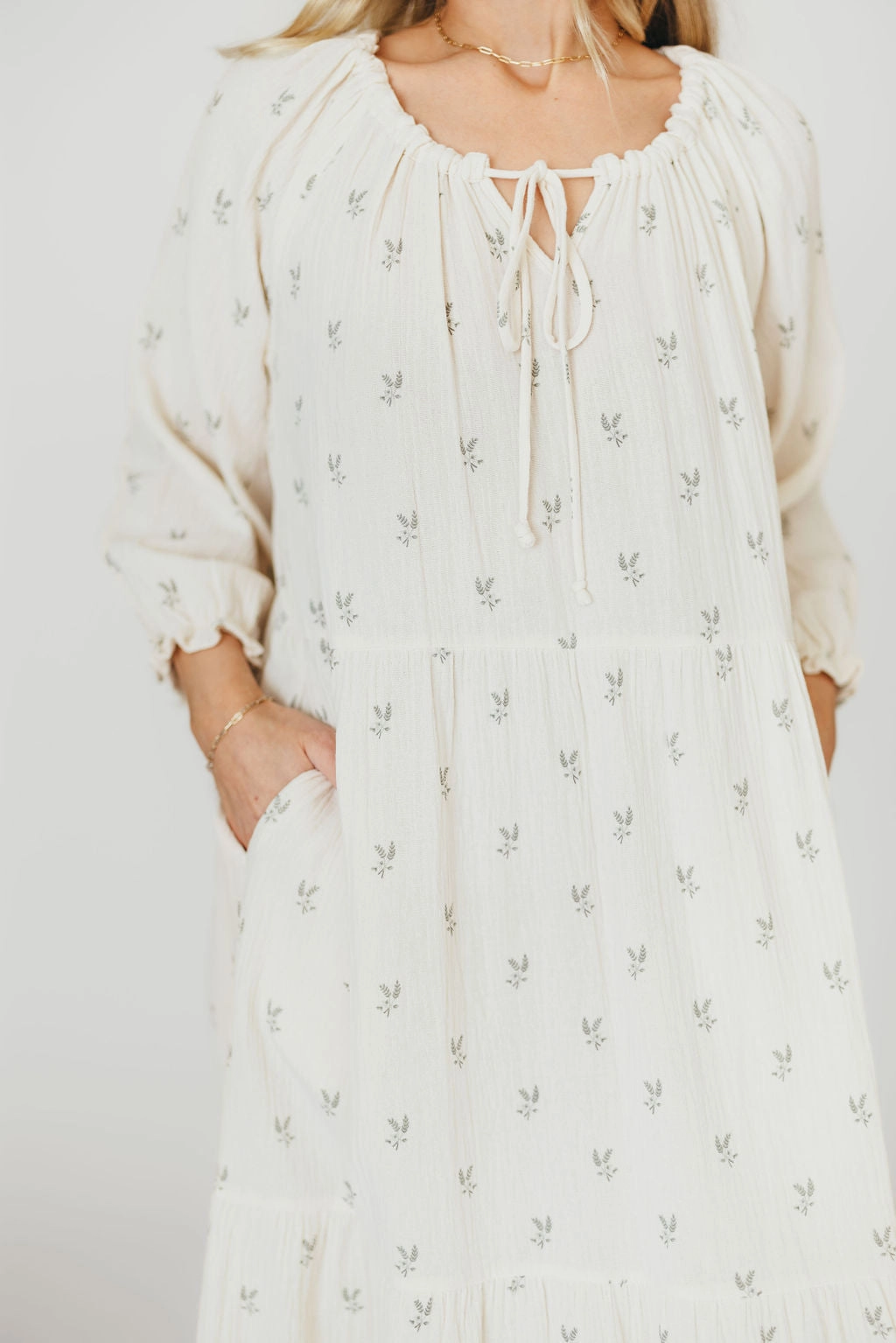 Avery Tiered Linen-Blend Midi Dress in Soy/Sage Foliage - Bump Friendly and Inclusive Sizing