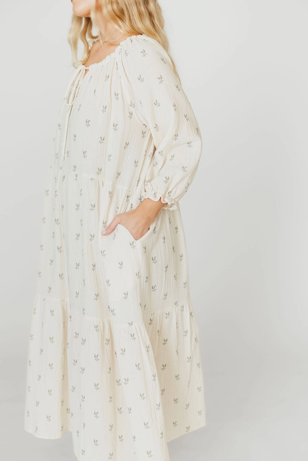 Avery Tiered Linen-Blend Midi Dress in Soy/Sage Foliage - Bump Friendly and Inclusive Sizing