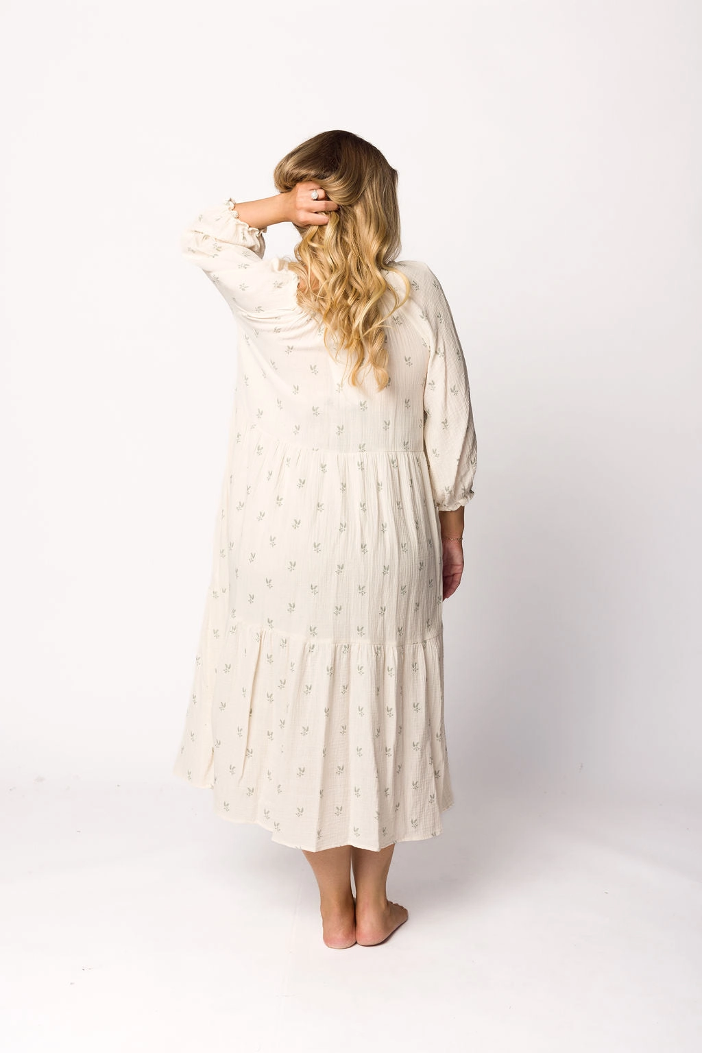 Avery Tiered Linen-Blend Midi Dress in Soy/Sage Foliage - Bump Friendly and Inclusive Sizing