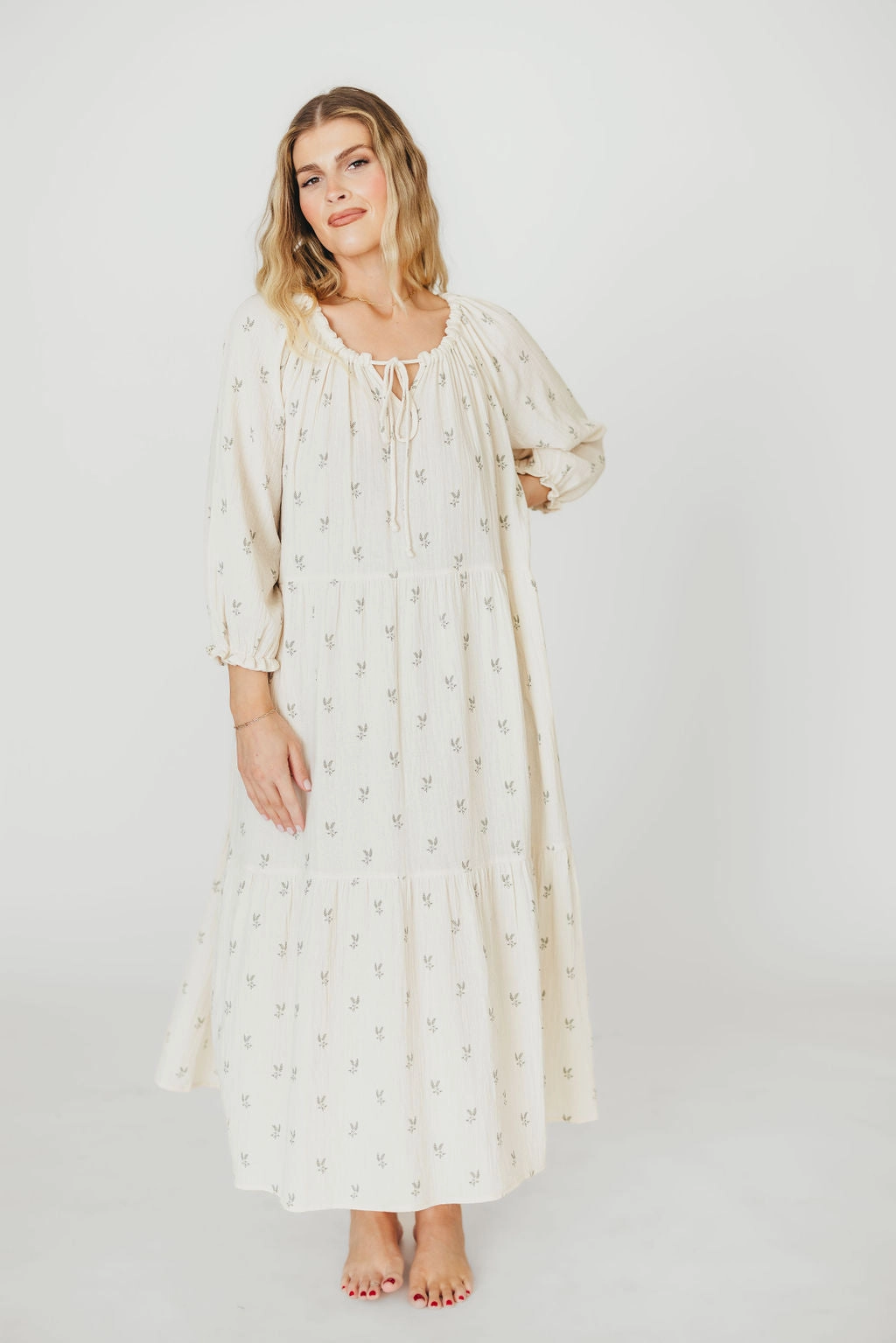 Avery Tiered Linen-Blend Midi Dress in Soy/Sage Foliage - Bump Friendly and Inclusive Sizing
