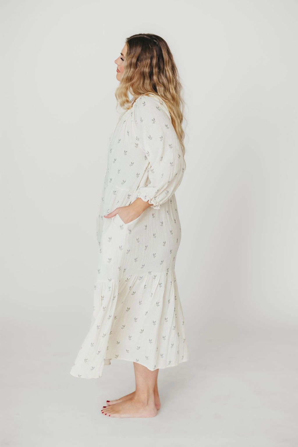 Avery Tiered Linen-Blend Midi Dress in Soy/Sage Foliage - Bump Friendly and Inclusive Sizing