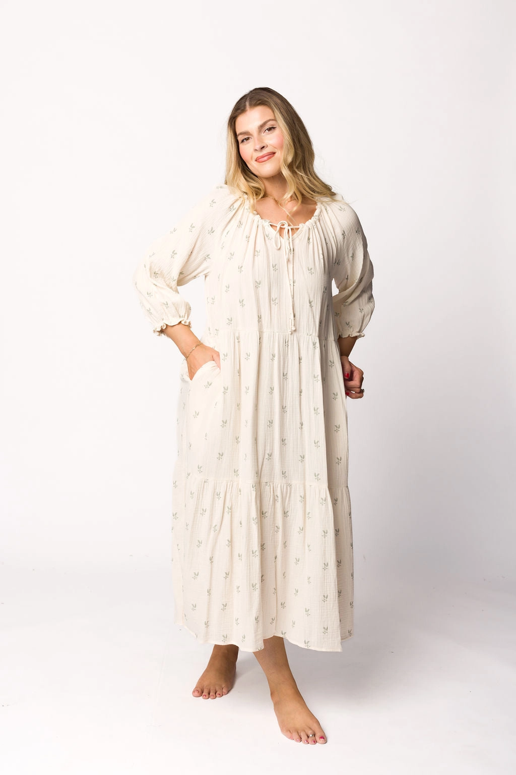Avery Tiered Linen-Blend Midi Dress in Soy/Sage Foliage - Bump Friendly and Inclusive Sizing