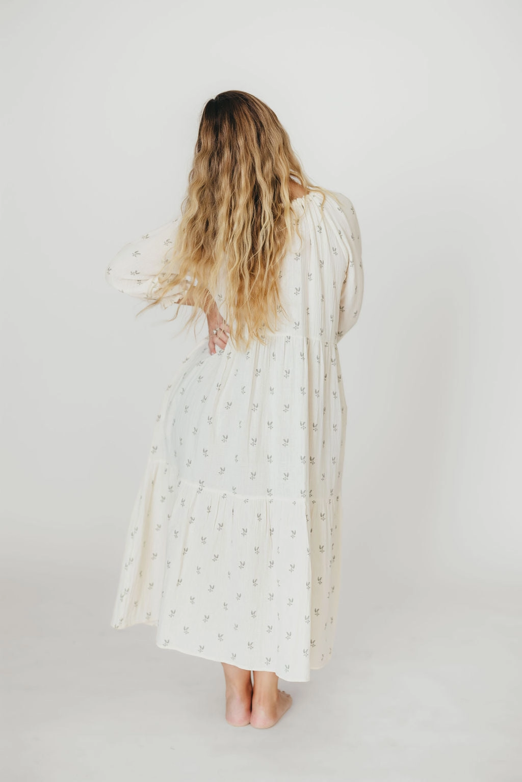 Avery Tiered Linen-Blend Midi Dress in Soy/Sage Foliage - Bump Friendly and Inclusive Sizing