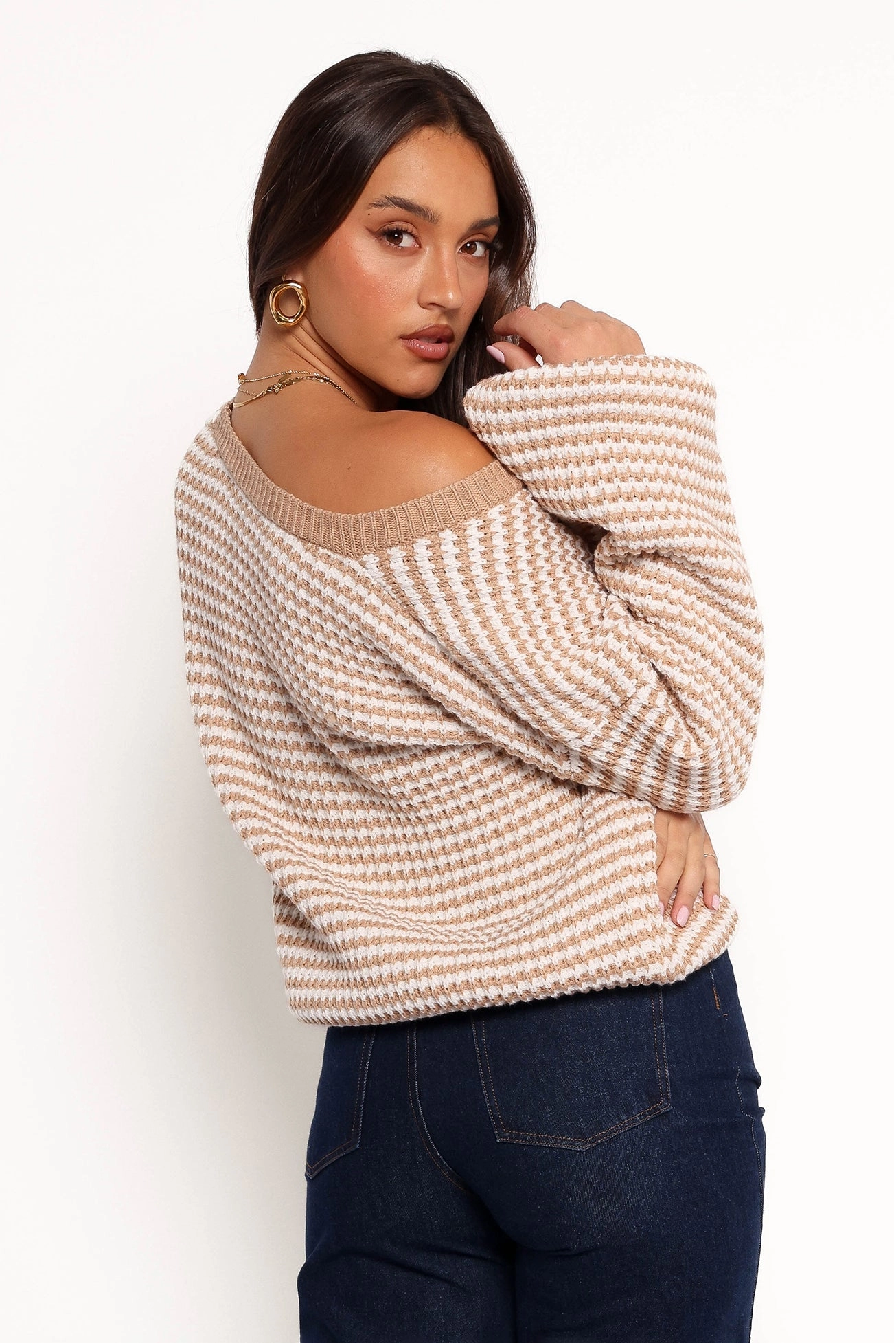 Becca Crewneck Waffle Stitch Stripe Knit Sweater - Tan
