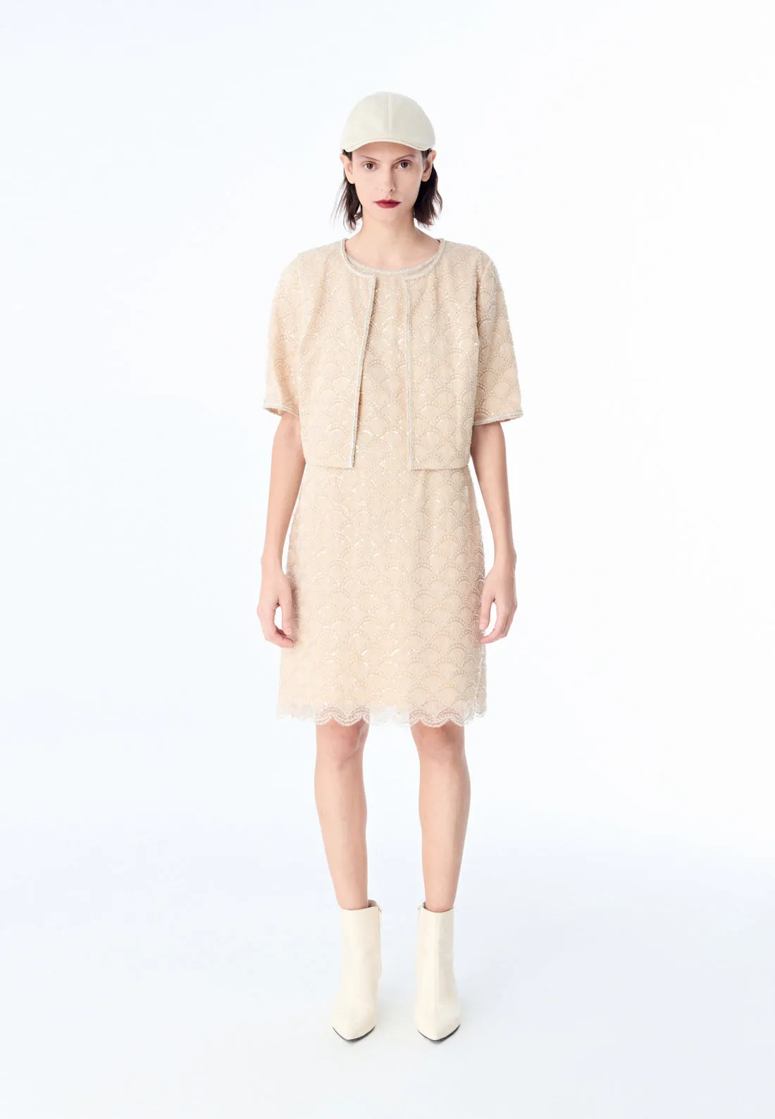 Beige Embroidered Mesh Sleeveless Dress