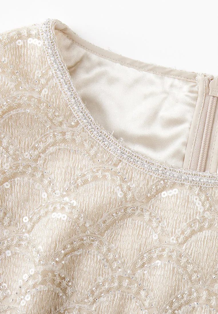 Beige Embroidered Mesh Sleeveless Dress