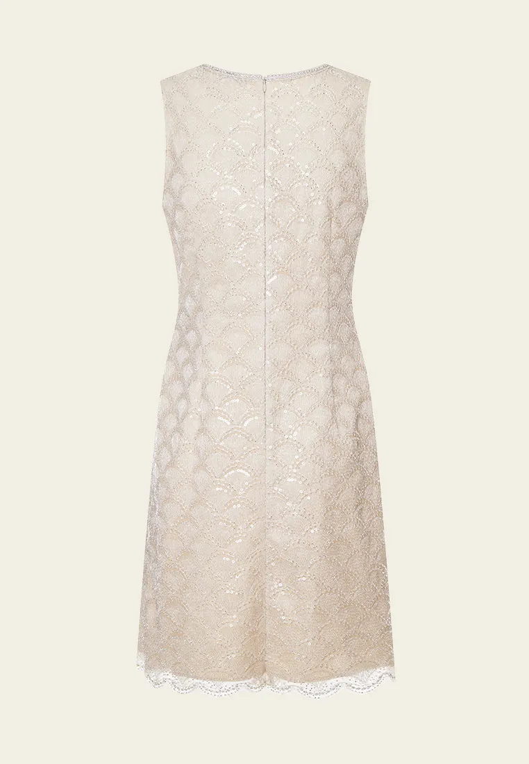 Beige Embroidered Mesh Sleeveless Dress