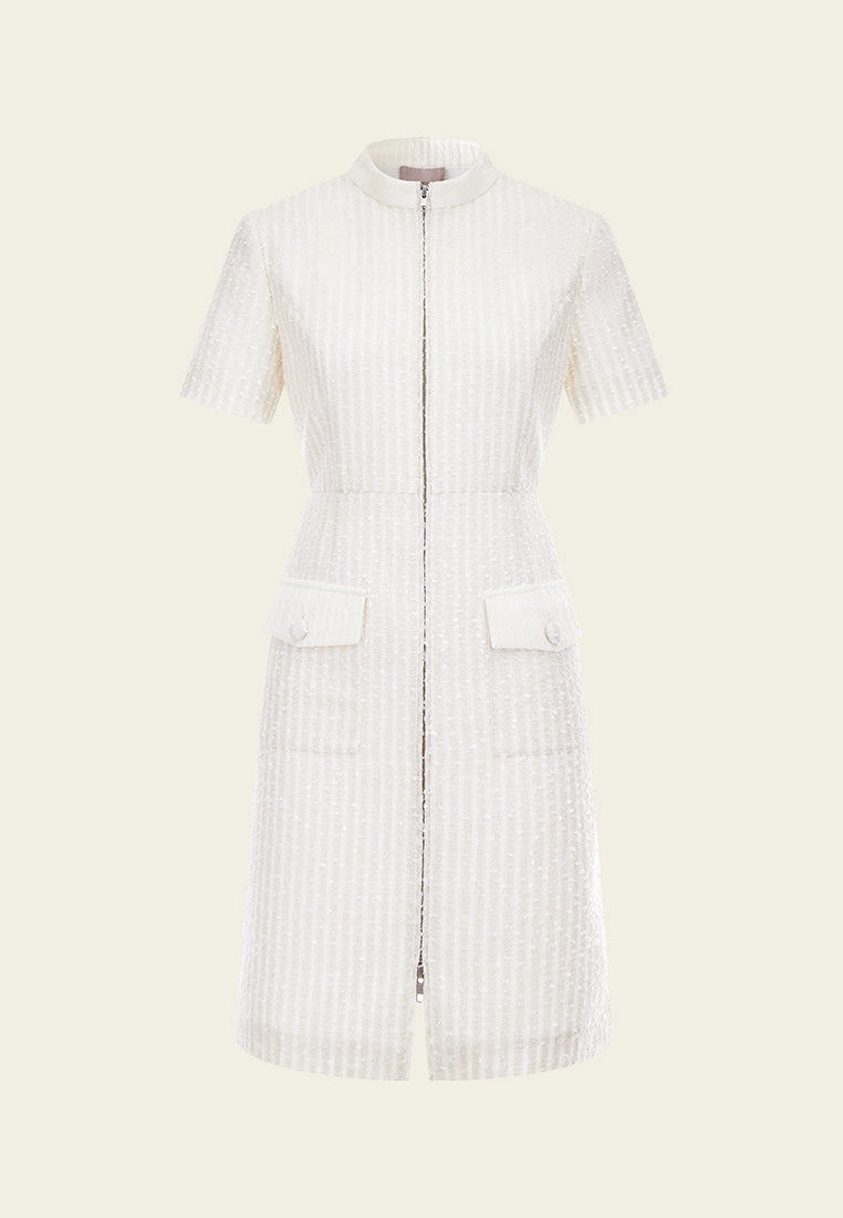 Beige White Stand Collar Zip-Up Tweed Dress