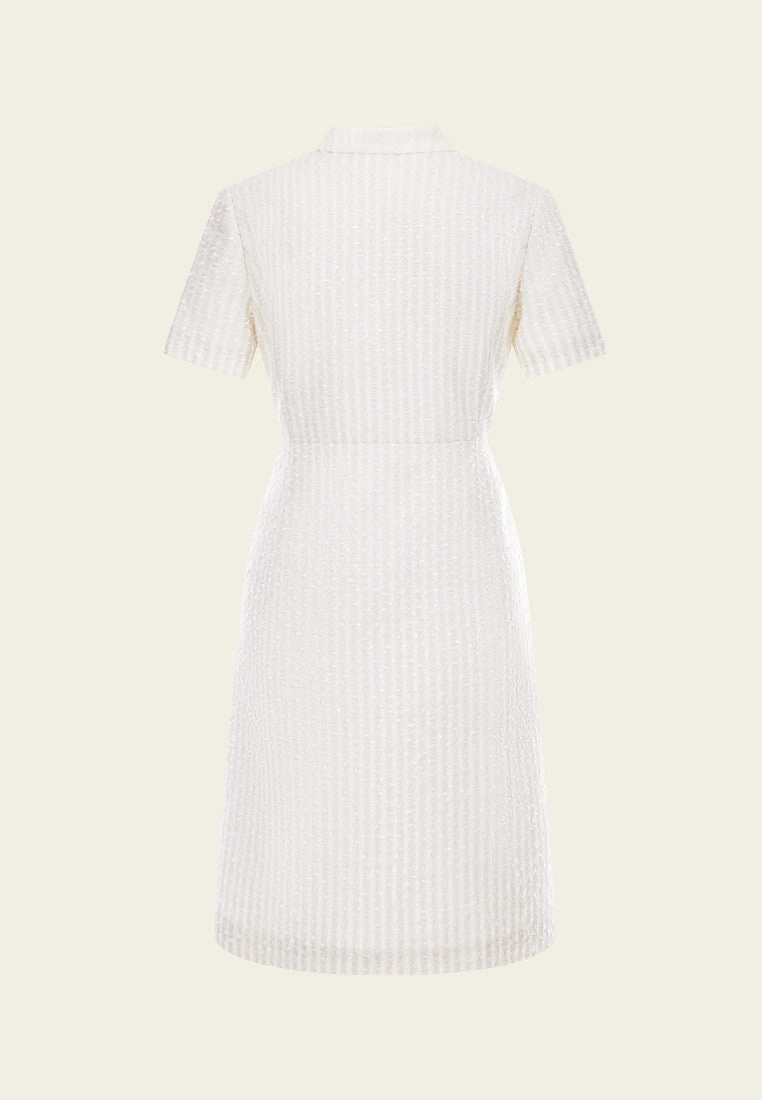 Beige White Stand Collar Zip-Up Tweed Dress
