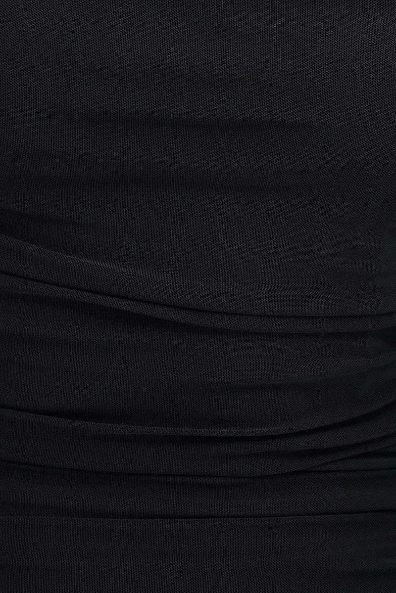 Black Bodycon Dress Ruched Midi Mesh