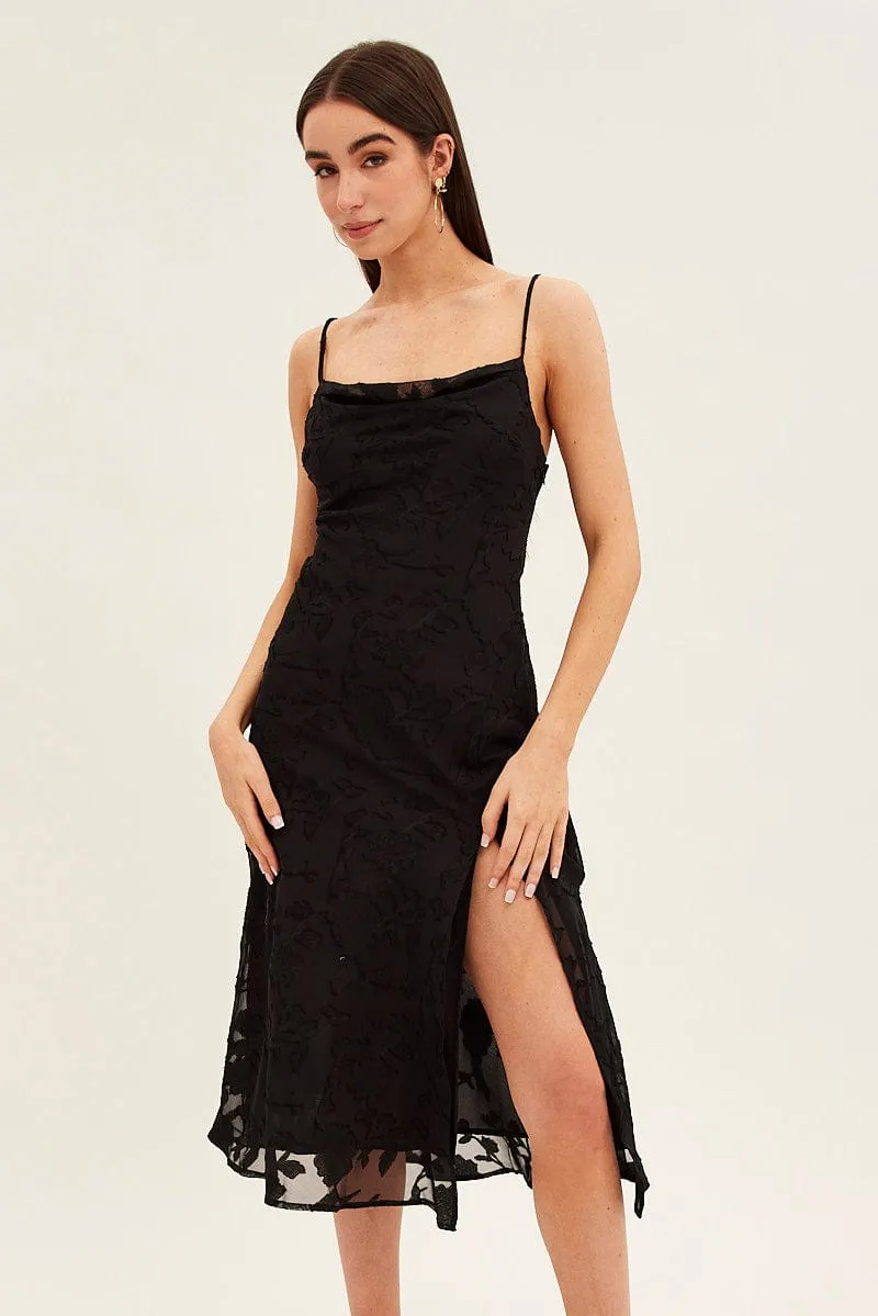 Black Midi Dress Cowl Neck Burnout