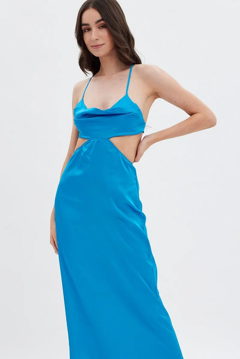 Blue Cowl Neck Cutout Midi Dress