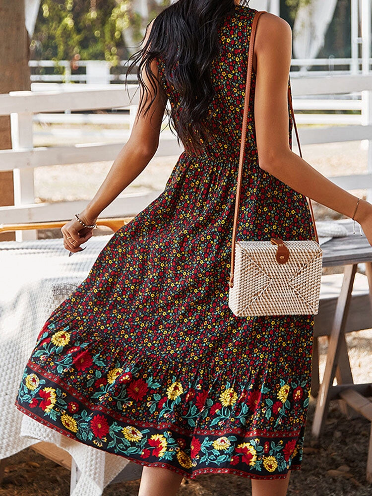 Bohemia Floral Print V-neck Button Sleeveless Patchwork Women Midi Dress