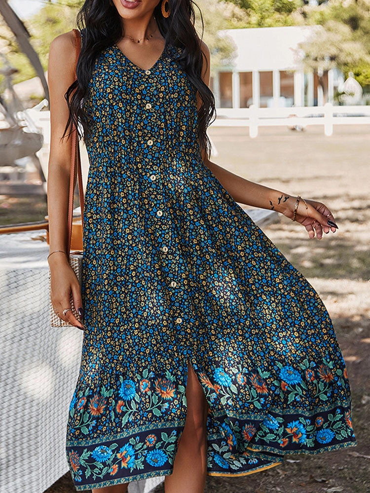 Bohemia Floral Print V-neck Button Sleeveless Patchwork Women Midi Dress