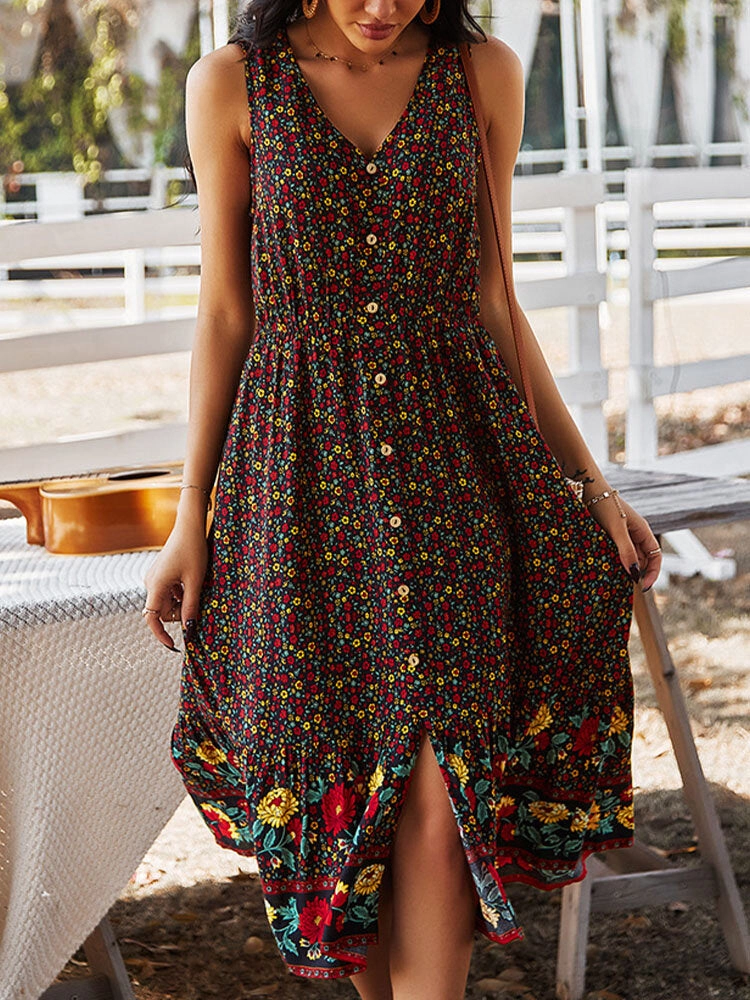 Bohemia Floral Print V-neck Button Sleeveless Patchwork Women Midi Dress