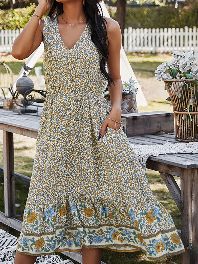 Bohemia Floral Print V-neck Button Sleeveless Patchwork Women Midi Dress