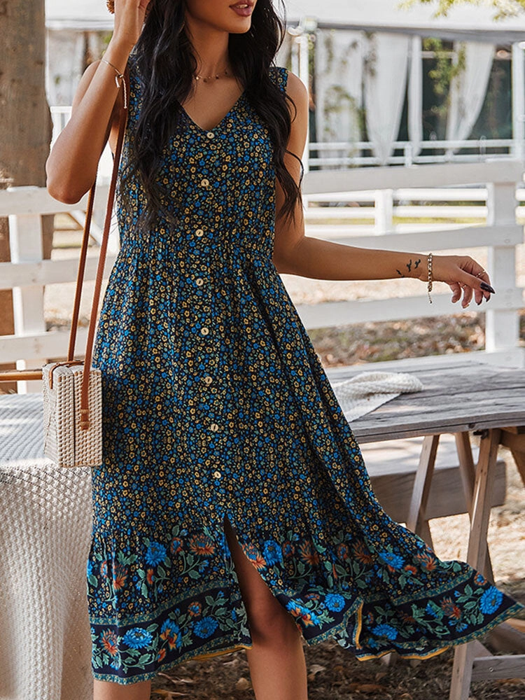 Bohemia Floral Print V-neck Button Sleeveless Patchwork Women Midi Dress