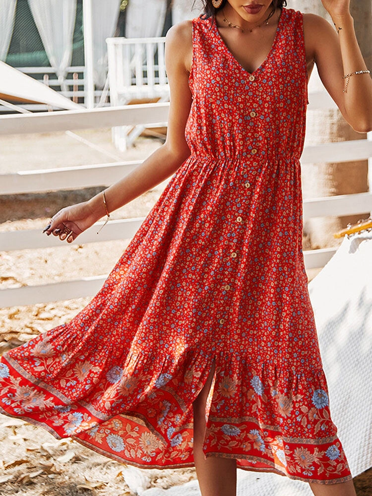 Bohemia Floral Print V-neck Button Sleeveless Patchwork Women Midi Dress
