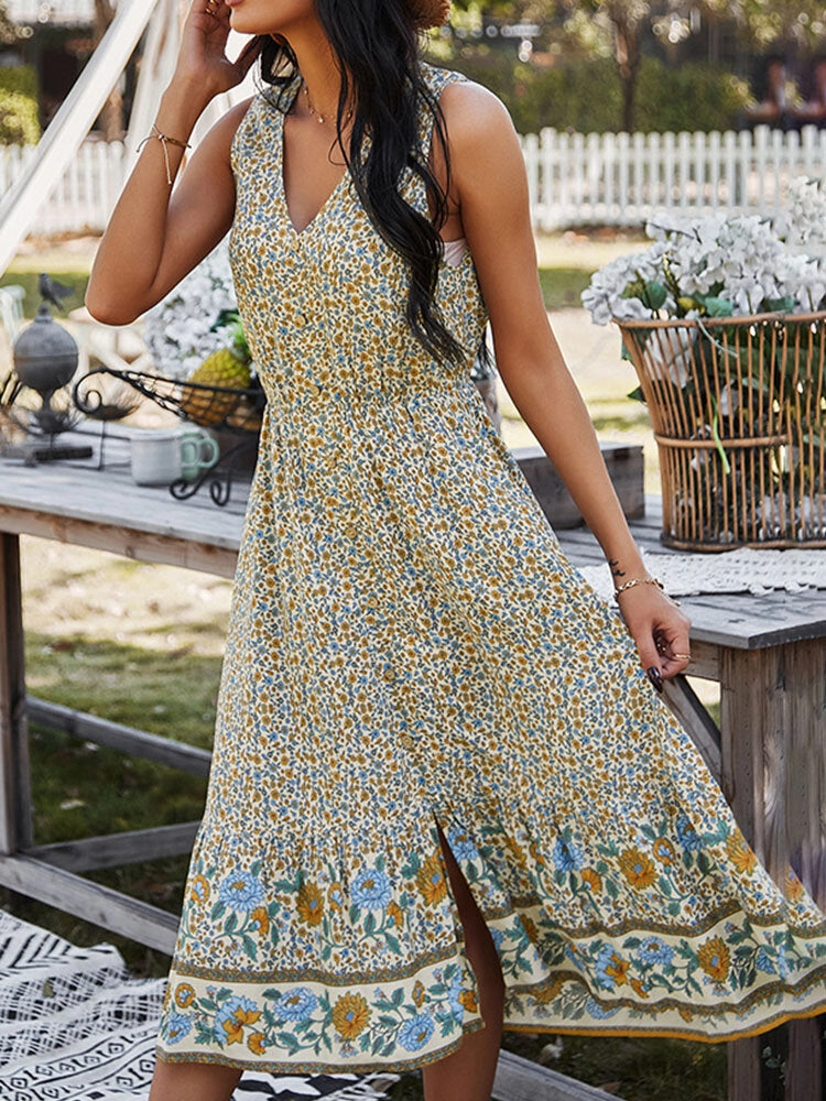 Bohemia Floral Print V-neck Button Sleeveless Patchwork Women Midi Dress