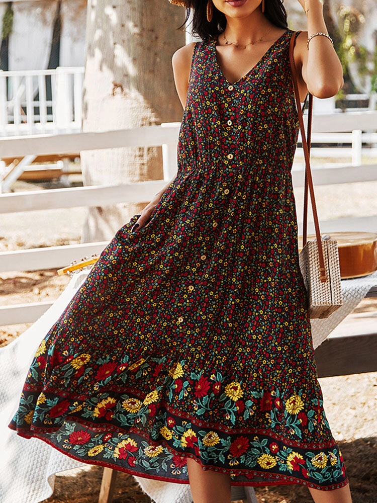 Bohemia Floral Print V-neck Button Sleeveless Patchwork Women Midi Dress