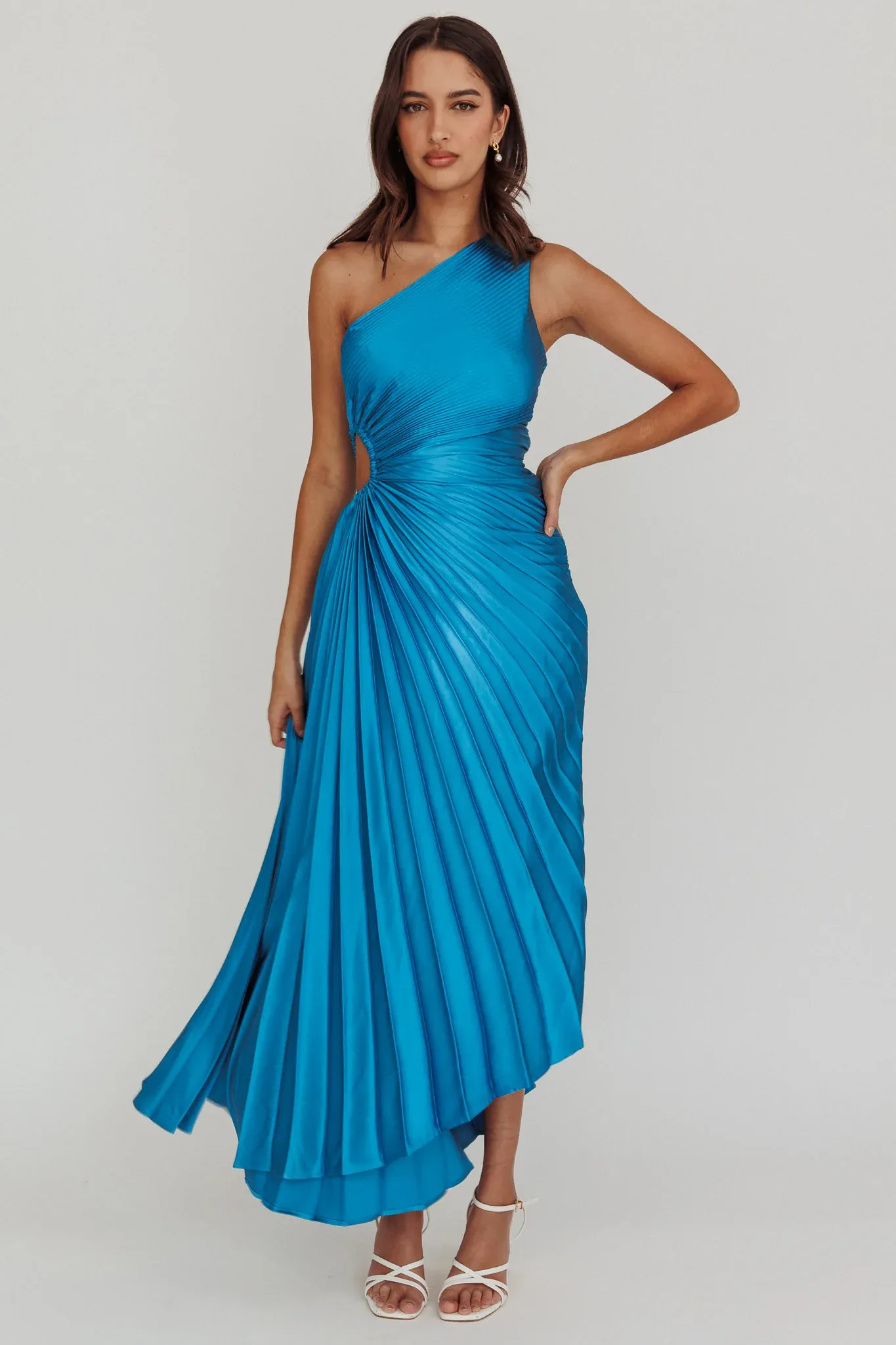 Brooklynn One-Shoulder Accordion Pleat Satin Midi Dress Teal