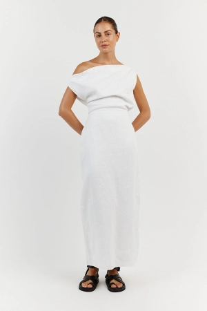 CASS WHITE ASYM LINEN MIDI DRESS