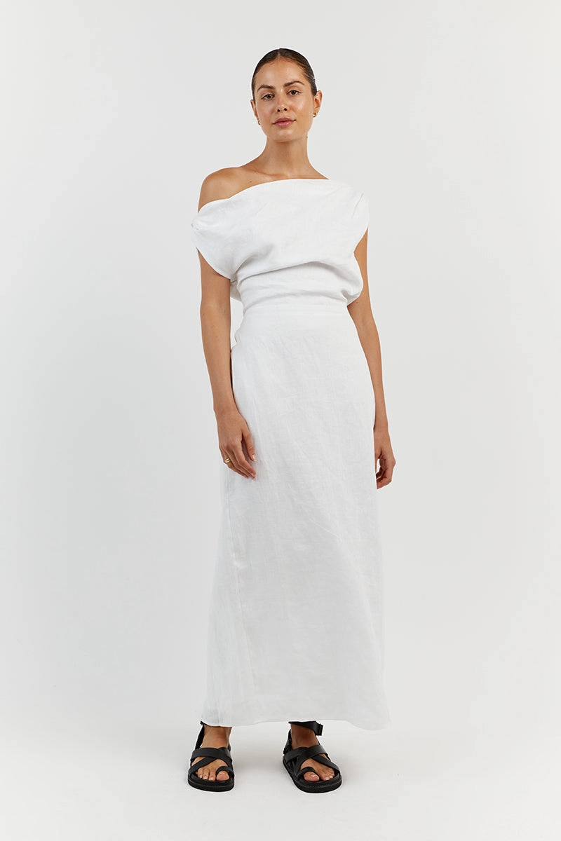 CASS WHITE ASYM LINEN MIDI DRESS