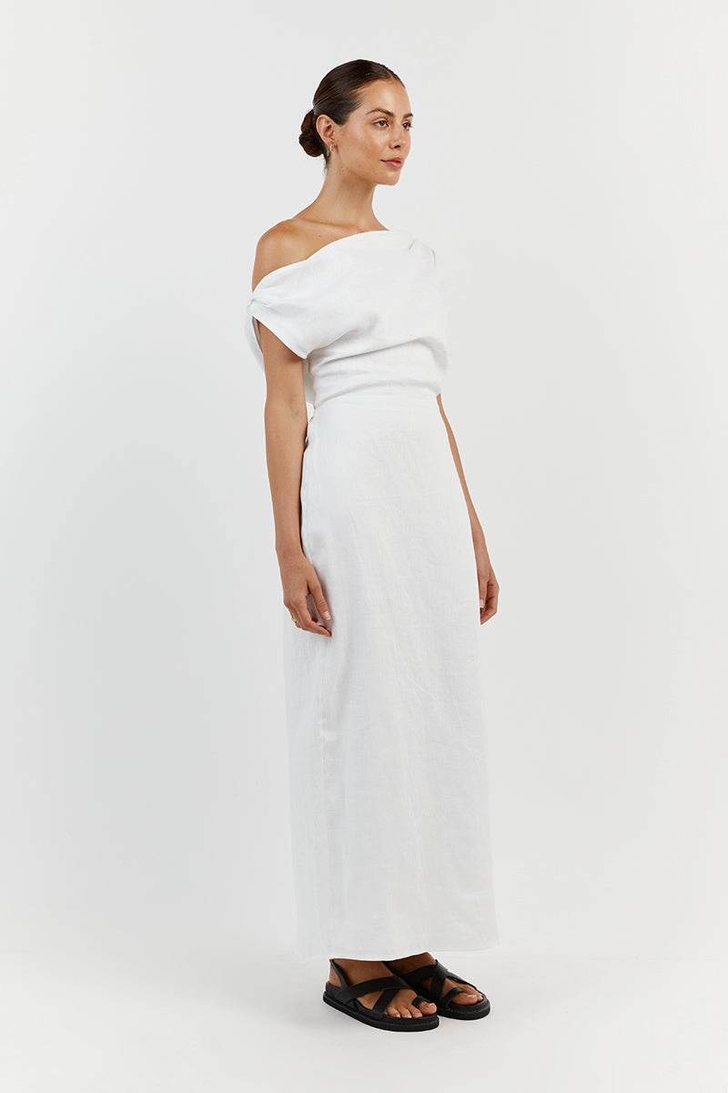 CASS WHITE ASYM LINEN MIDI DRESS