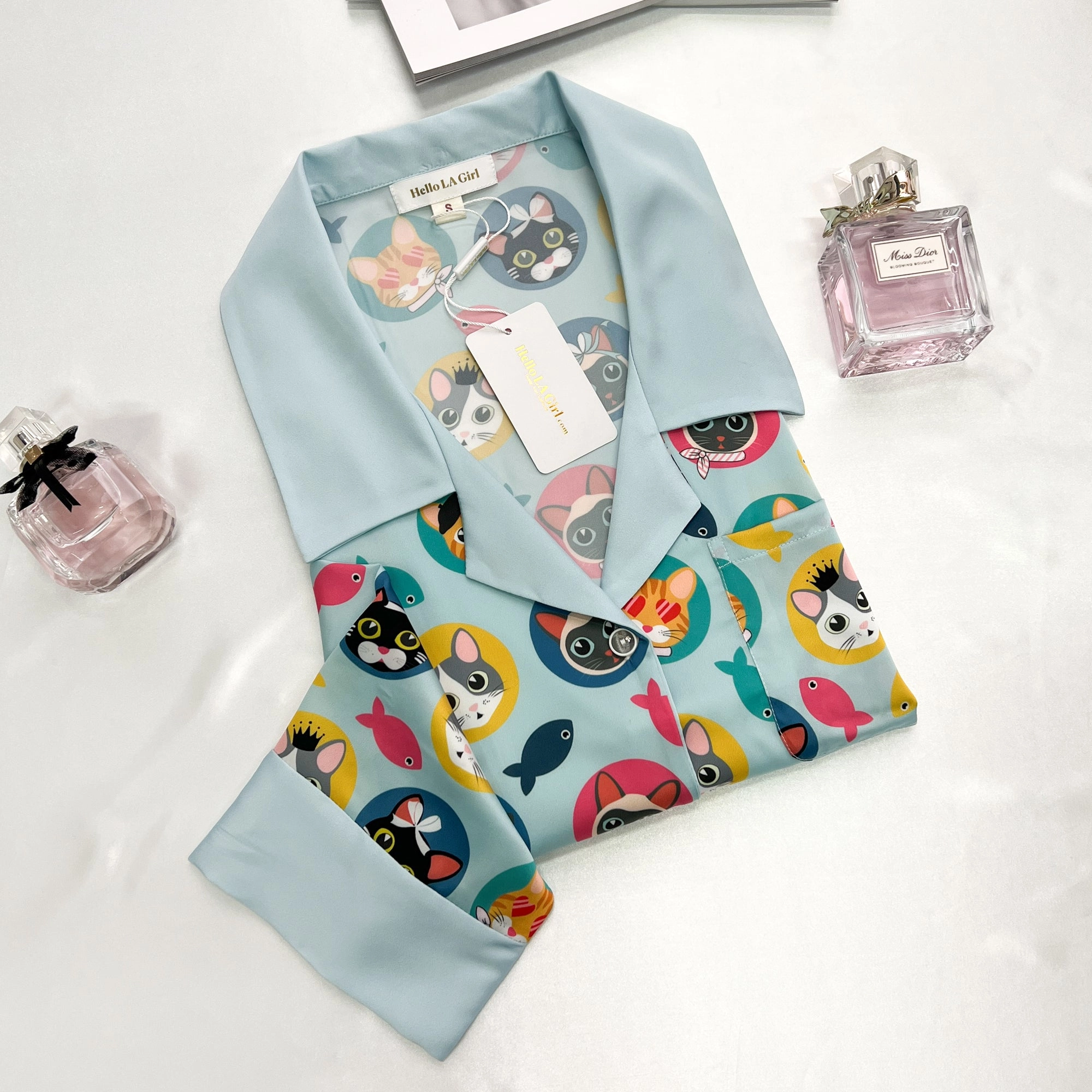Cats Print Blue Sleep Shirt Silky Satin Pajamas Sleepshirt