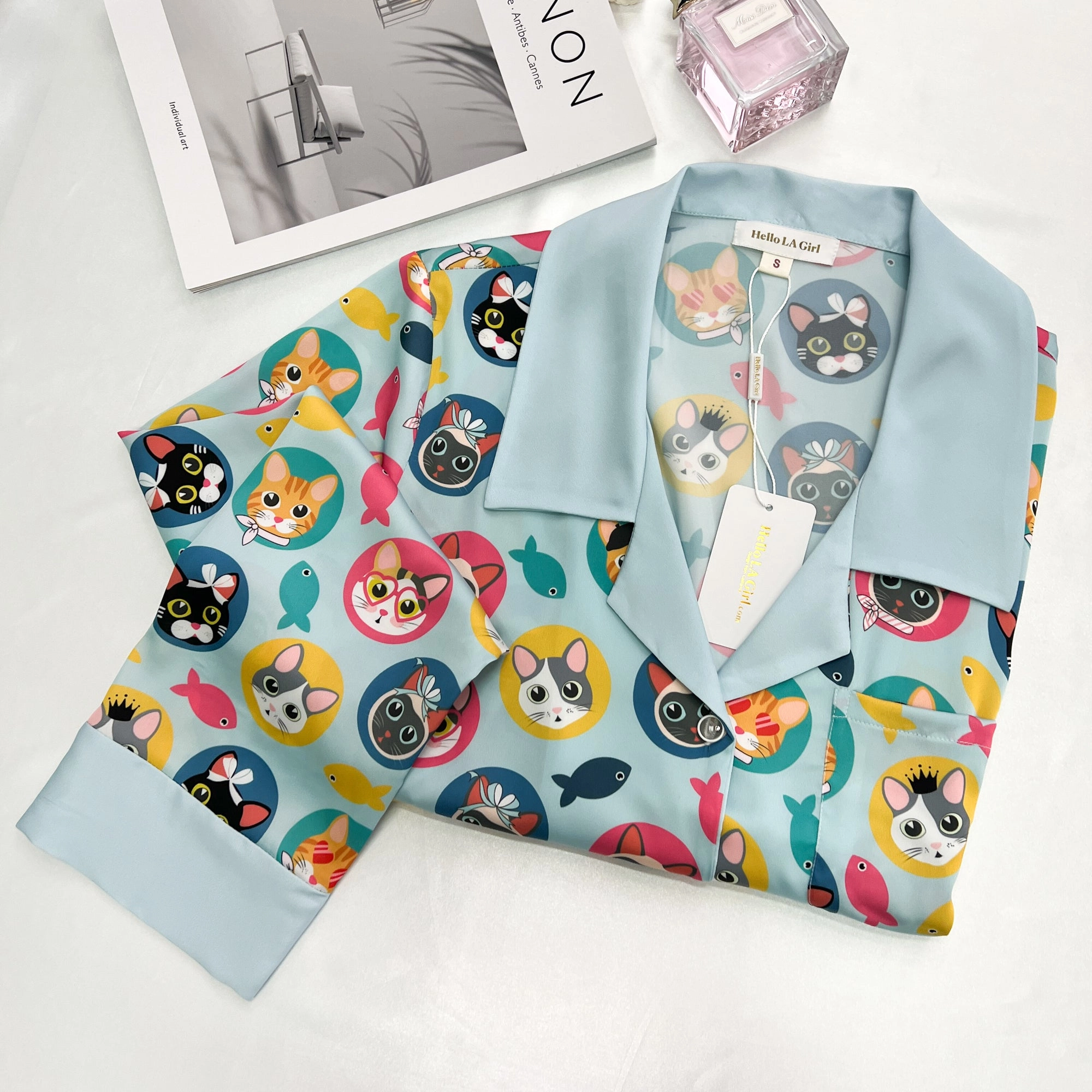 Cats Print Blue Sleep Shirt Silky Satin Pajamas Sleepshirt