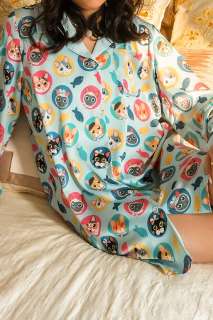 Cats Print Blue Sleep Shirt Silky Satin Pajamas Sleepshirt
