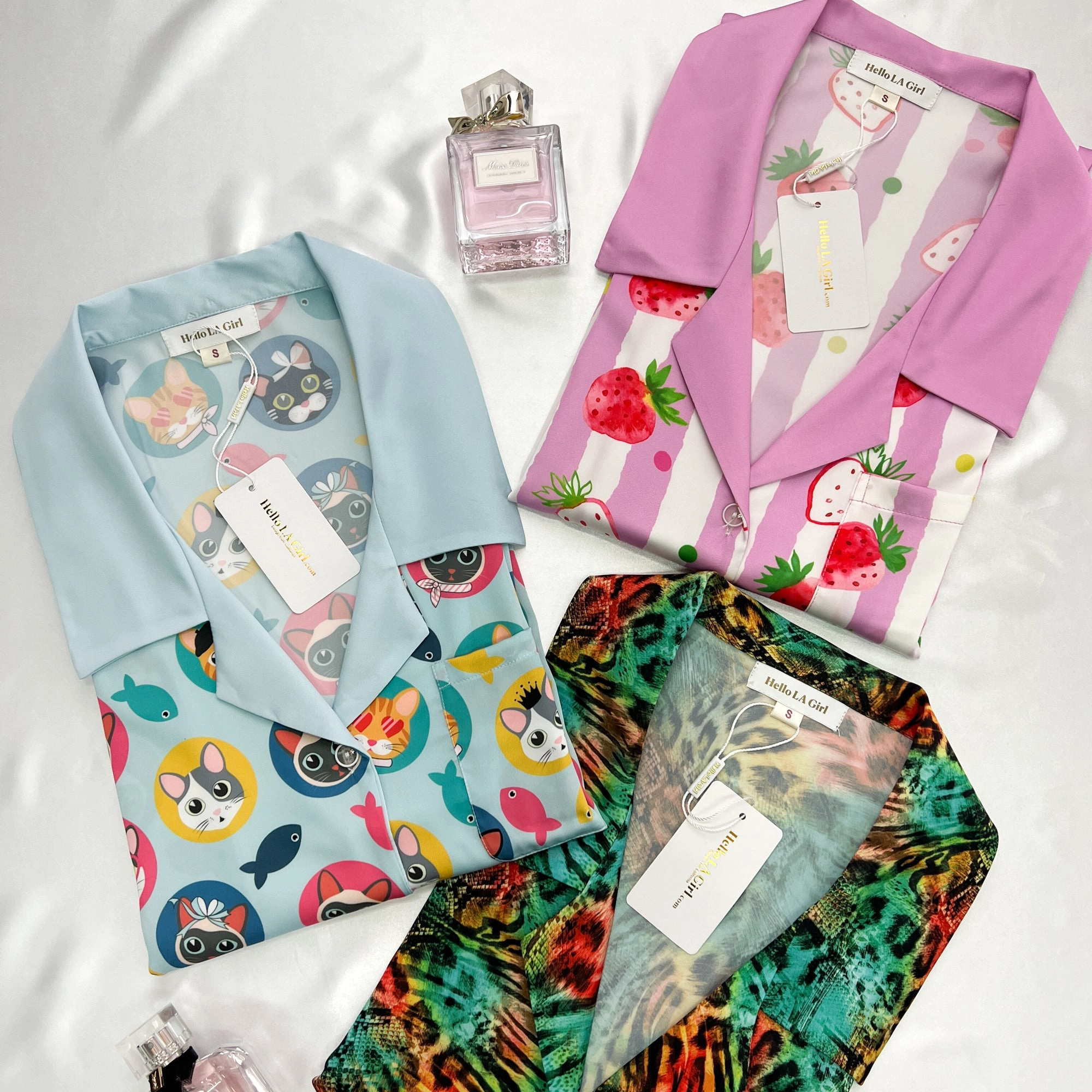 Cats Print Blue Sleep Shirt Silky Satin Pajamas Sleepshirt