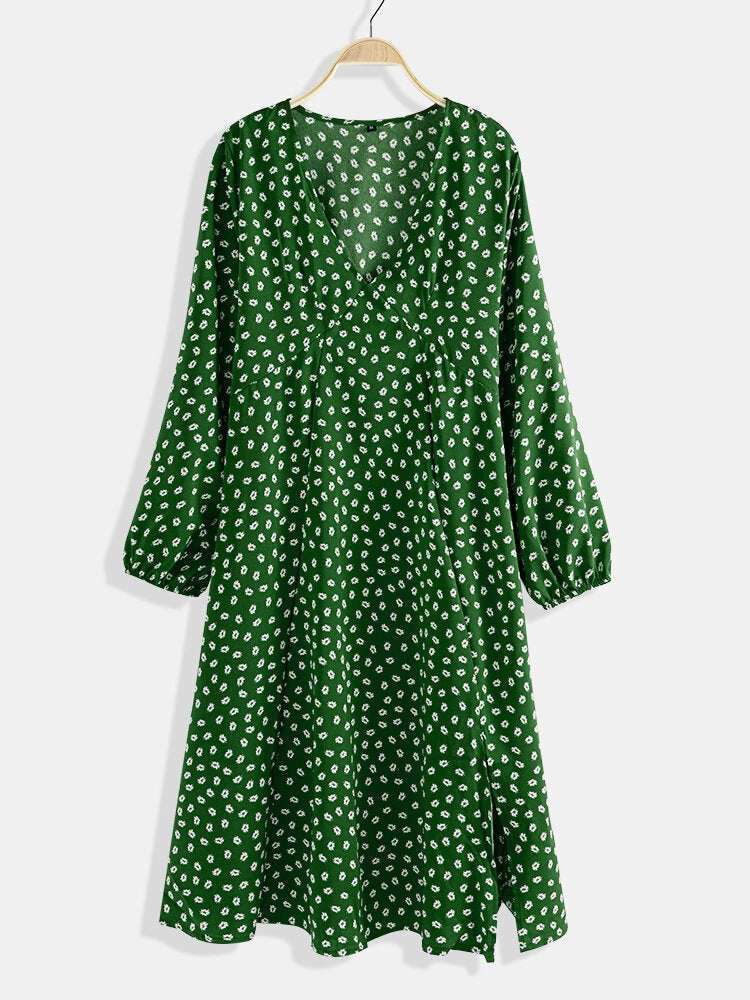 Chiffon Polka Dot Print Split Long Sleeve Causal Women Midi Dress