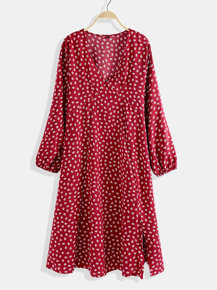 Chiffon Polka Dot Print Split Long Sleeve Causal Women Midi Dress