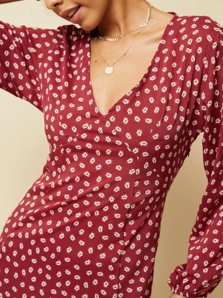 Chiffon Polka Dot Print Split Long Sleeve Causal Women Midi Dress